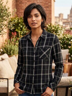 Tommy Hilfiger Women's Large Windowpane Plaid Button Down Shirt Long Sleeve